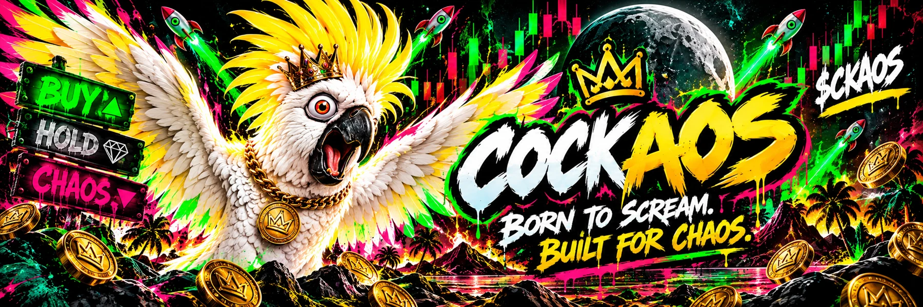 COCKAOS white cockatoo screaming with wings spread in vibrant neon crypto graffiti artwork
